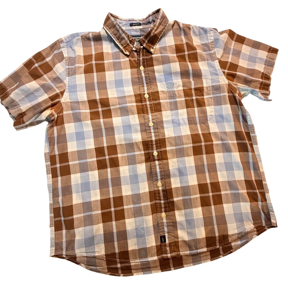 Abercrombie & Fitch Mens Muscle Fit Plaid Short Sleeve Button Down Shirt Brown L